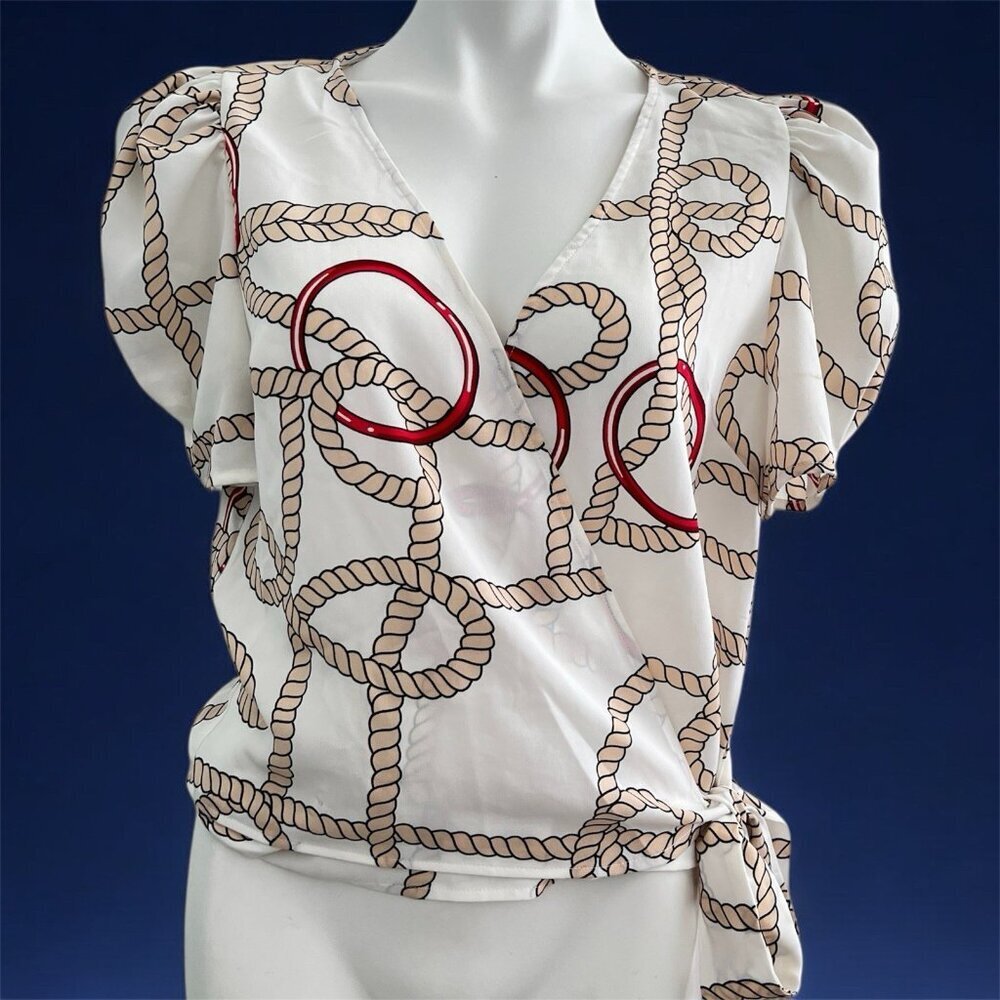 NEW Mariner Wrap Blouse Top Puff Sleeves Rope Print nautical Coastal Beach - Picture 2 of 13